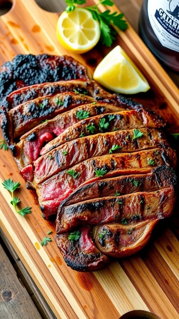 Grilled 7-bone steak with herbs and lemon on a cutting board.